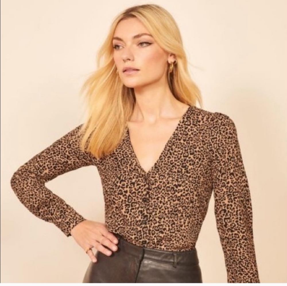 Reformation Leopard Print V-Neck Long Sleeve Top - Brown & Black